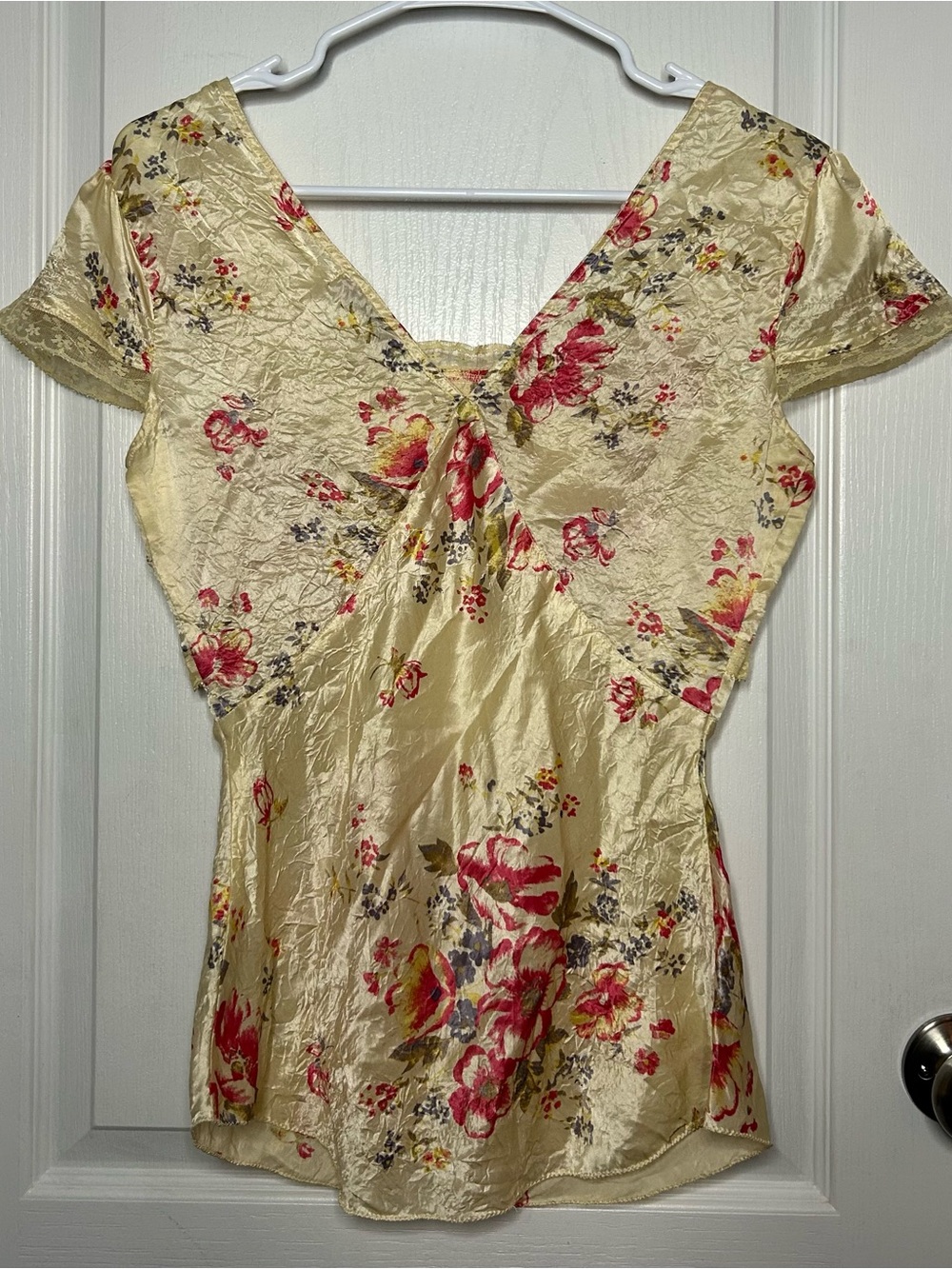 VTG Free People Yellow Silk Floral Lace Blouse Sz 4 Y2K Babydoll Romantic
